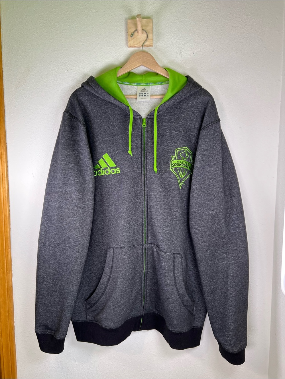 adidas Gray and Neon Green Seattle Sounders Zip Hoodie